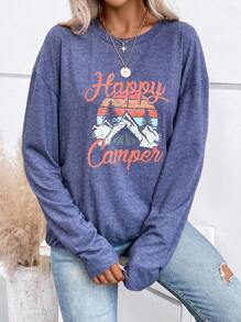 SHEIN LUNE 山和字母圖案落肩T恤 - 藍色 - 查看 1