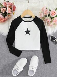 SHEIN Leap Crew Tween Girls' Casual Sports Knit Printed Raglan Long Sleeve - Black and White - View 1