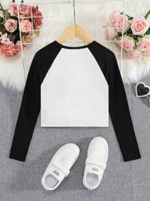 SHEIN Leap Crew Tween Girls' Casual Sports Knit Printed Raglan Long Sleeve - Black and White - View 2