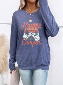 SHEIN LUNE 山和字母圖案落肩T恤 - 藍色 - 查看 5