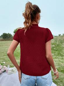 SHEIN VCAY 圓點繫帶領泡泡袖雪紡襯衫 - 酒紅色 - 查看 2