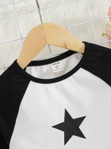 SHEIN Leap Crew Tween Girls' Casual Sports Knit Printed Raglan Long Sleeve - Black and White - View 4