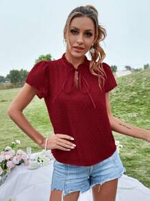 SHEIN VCAY 圓點繫帶領泡泡袖雪紡襯衫 - 酒紅色 - 查看 3