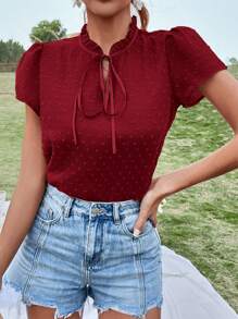 SHEIN VCAY 圓點繫帶領泡泡袖雪紡襯衫 - 酒紅色 - 查看 4