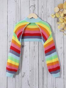 SHEIN 女大童條紋圖案彩虹長袖高領九分套頭毛衣 - 彩色 - 查看 1