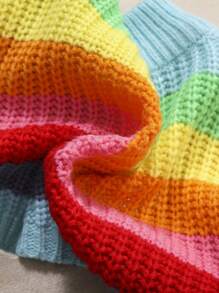 SHEIN 女大童條紋圖案彩虹長袖高領九分套頭毛衣 - 彩色 - 查看 4