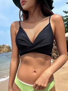 DAZY Chất rắn Mặt trước xoắn Áo bikini - màu đen - Xem 7