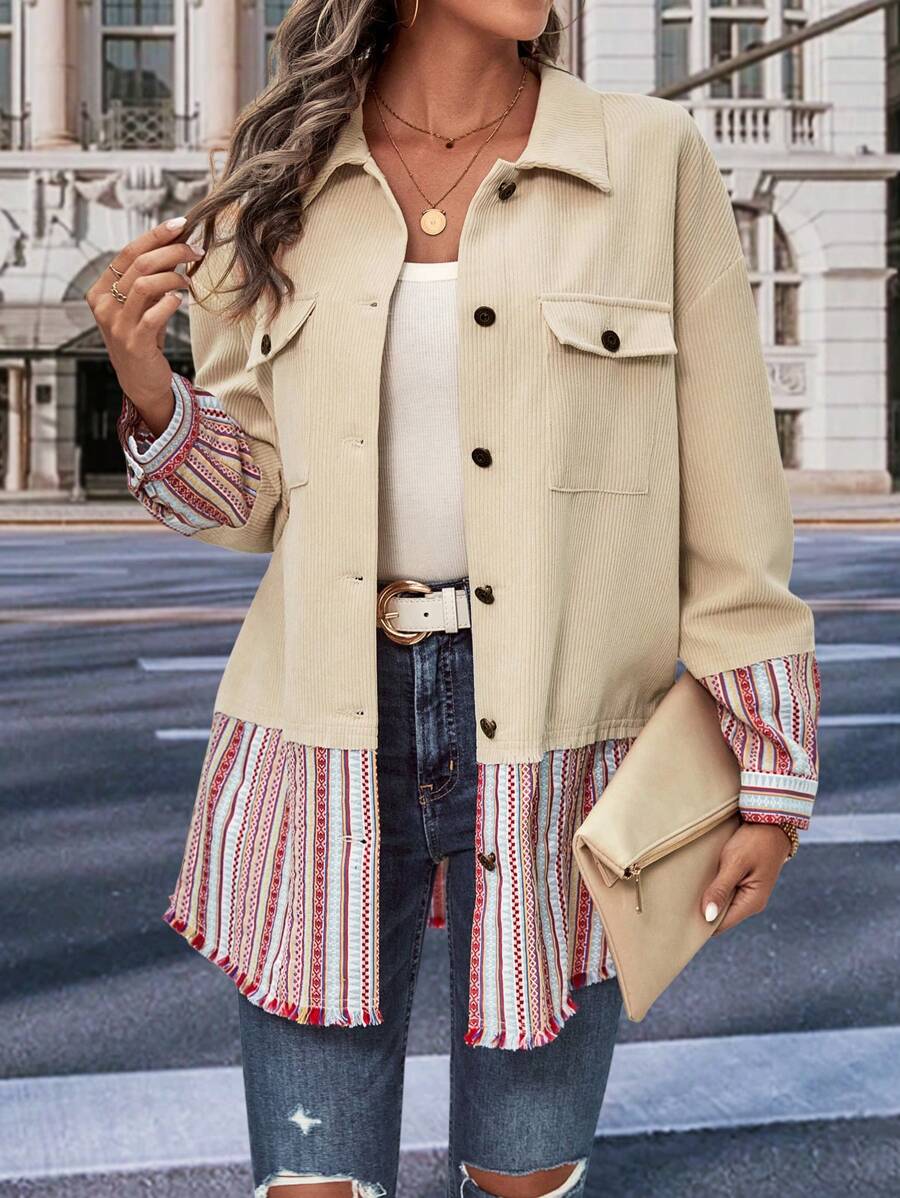 SHEIN LUNE 秋冬条纹印花落肩翻盖口袋大衣 - 米色 - 查看 1