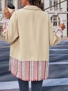 SHEIN LUNE 秋冬条纹印花落肩翻盖口袋大衣 - 米色 - 查看 2