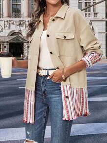 SHEIN LUNE 秋冬条纹印花落肩翻盖口袋大衣 - 米色 - 查看 4