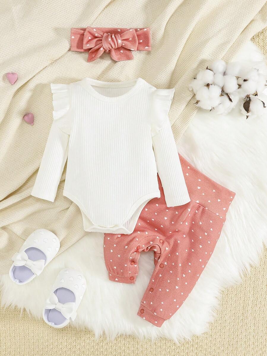 SHEIN Newborn Baby Girl Ruffle Trim Bodysuit & Heart Print Trousers & Headband - Multicolor - View 1