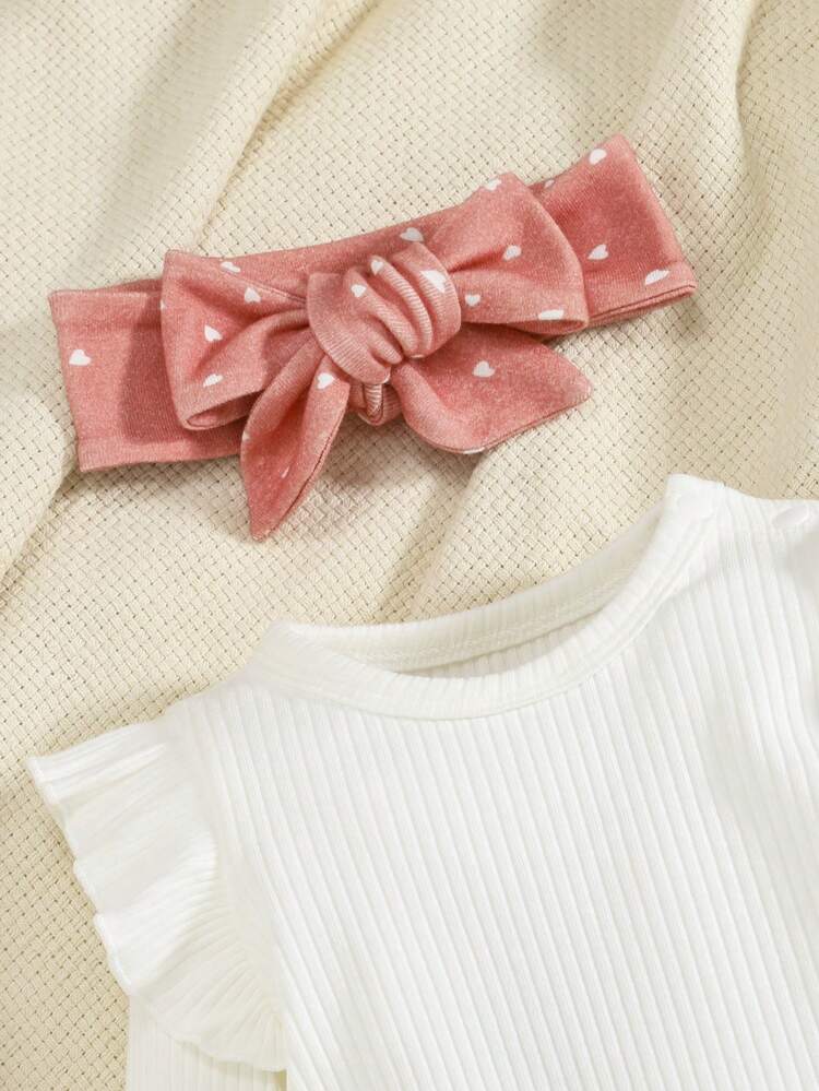 Newborn Baby Girl Ruffle Trim Bodysuit & Heart Print Pants & Headband