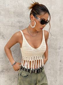 SHEIN ICON 流蘇下擺針織吊帶上衣 - 白色 - 查看 8