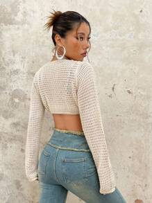 SHEIN ICON Cárdigan crop unicolor sin sujetador - Beis - Ver 2