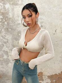 SHEIN ICON Cárdigan crop unicolor sin sujetador - Beis - Ver 5