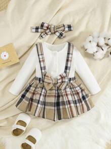 SHEIN 蝴蝶結 前蝴蝶結格子嬰童（女）套裝