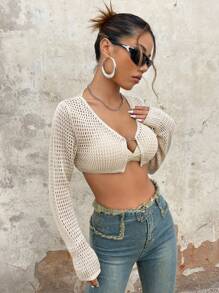 SHEIN ICON Cárdigan crop unicolor sin sujetador - Beis - Ver 6