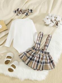 SHEIN 蝴蝶結 前蝴蝶結格子嬰童（女）套裝