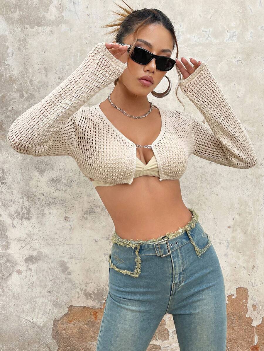 SHEIN ICON Cárdigan crop unicolor sin sujetador - Beis - Ver 1