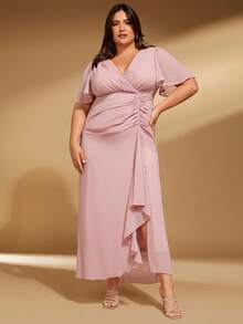 SHEIN Belle Plus Ruched Ruffle Trim Split Thigh Chiffon Bridesmaid Dress - Baby Pink - View 3