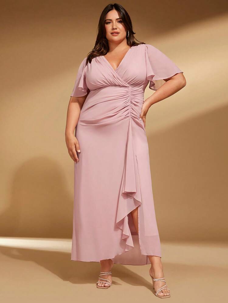 SHEIN Belle 大碼褶邊荷葉邊高衩雪紡伴娘連衣裙 - 淺粉色 - 查看 3