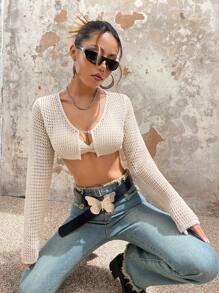 SHEIN ICON Cárdigan crop unicolor sin sujetador - Beis - Ver 11