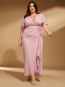 SHEIN Belle Plus Ruched Ruffle Trim Split Thigh Chiffon Bridesmaid Dress - Baby Pink - View 5