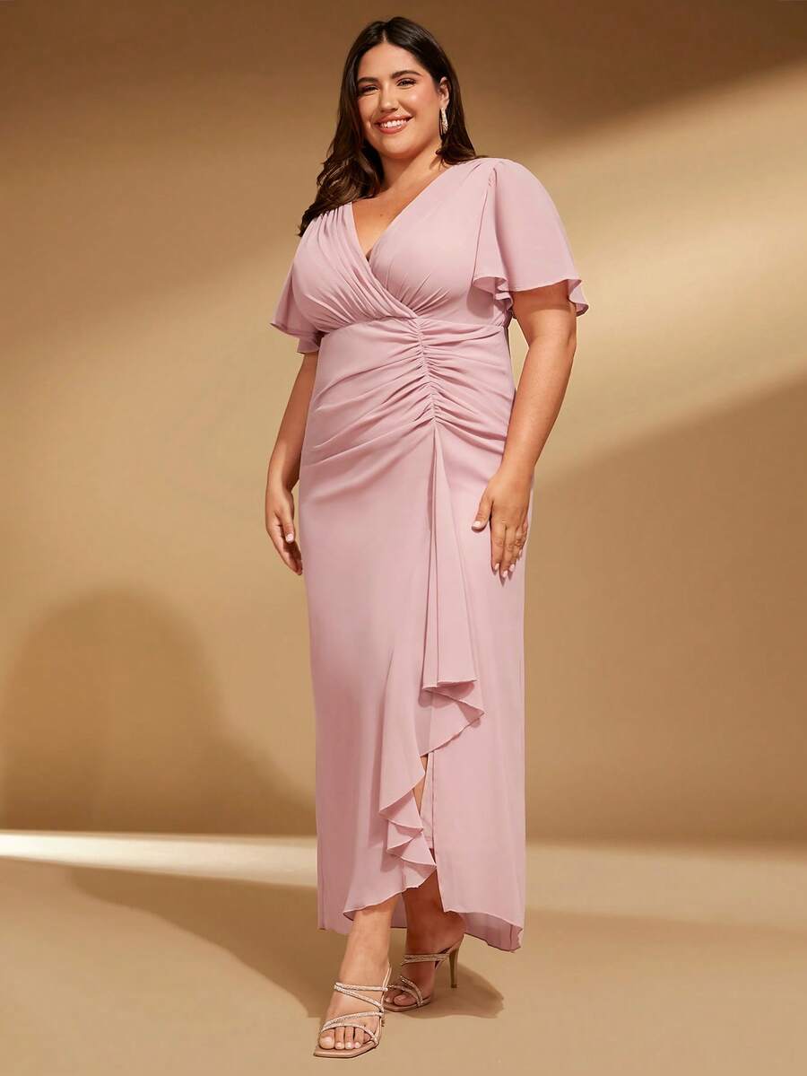 SHEIN Belle Plus Ruched Ruffle Trim Split Thigh Chiffon Bridesmaid Dress - Baby Pink - View 1