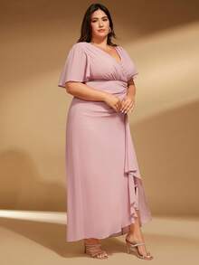 SHEIN Belle Plus Ruched Ruffle Trim Split Thigh Chiffon Bridesmaid Dress - Baby Pink - View 6