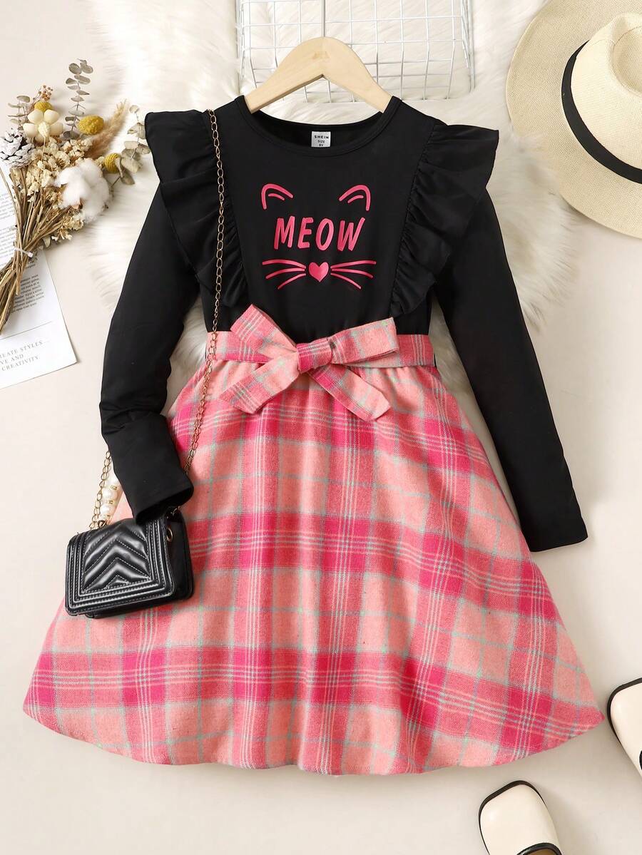 SHEIN 女大童字母圖案荷葉邊洋裝 - 彩色 - 查看 1