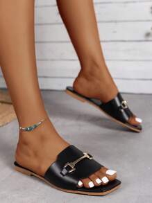 Women's Black Slipper With Metallic Decoration, Strap, Summer