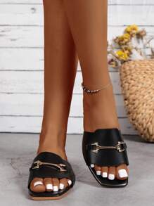 Women's Black Slipper With Metallic Decoration, Strap, Summer
