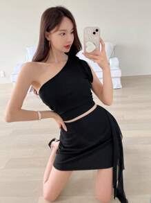 SHEIN Solid One Shoulder Crop Top & Ruched Side Skirt - Black - View 4