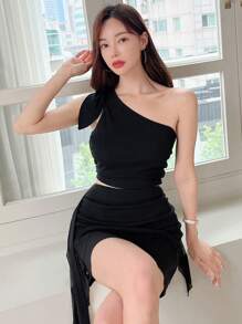 SHEIN Solid One Shoulder Crop Top & Ruched Side Skirt - Black - View 5