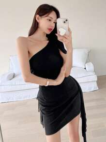 SHEIN Solid One Shoulder Crop Top & Ruched Side Skirt - Black - View 6