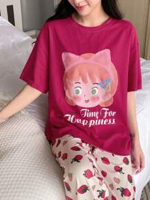 DAZY Figure & Slogan Graphic Drop Shoulder Tee & Strawberry Pattern Trousers Lounge Set - Hot Pink - View 4