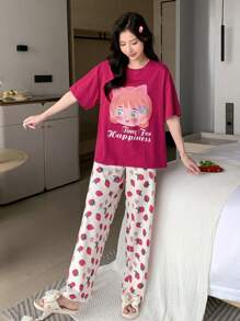 DAZY Figure & Slogan Graphic Drop Shoulder Tee & Strawberry Pattern Trousers Lounge Set - Hot Pink - View 6