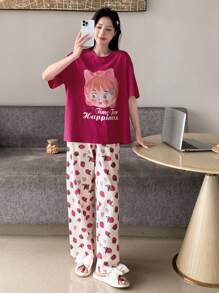 DAZY Figure & Slogan Graphic Drop Shoulder Tee & Strawberry Pattern Trousers Lounge Set - Hot Pink - View 7