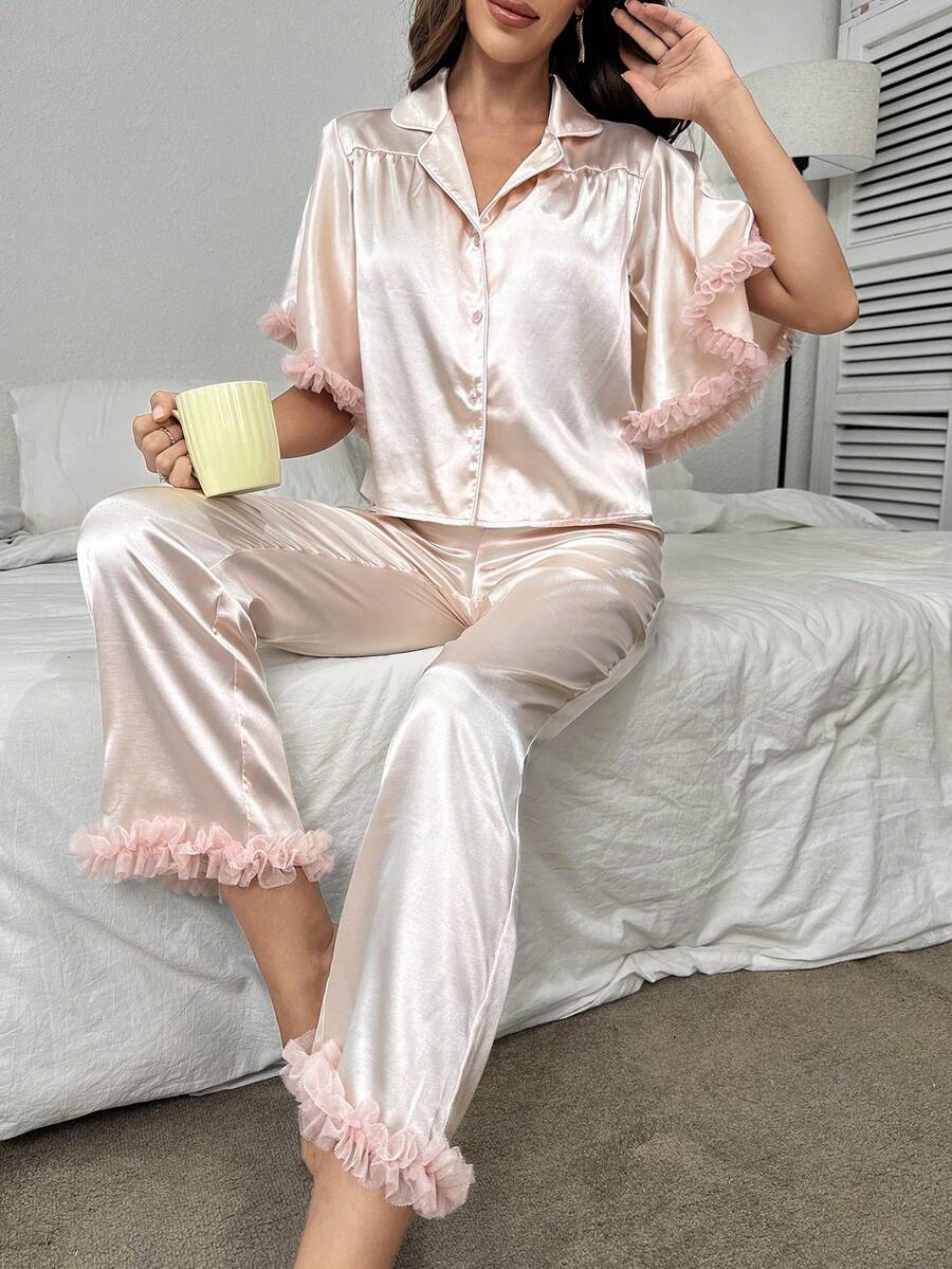 Conjunto de pijama ribete con malla de satén - Rosa Pálido - Ver 1