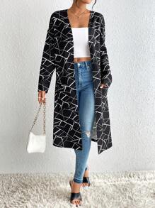 SHEIN Essnce Geo Print Open Front Dual Pocket Coat - Black and White - View 1