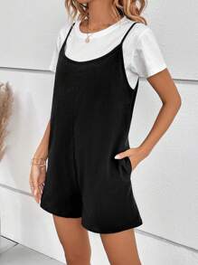 SHEIN VCAY 素色吊帶連體短褲不帶T恤 - 黑色 - 查看 4