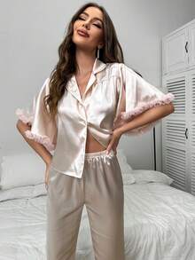 Conjunto de pijama ribete con malla de satén - Rosa Pálido - Ver 5