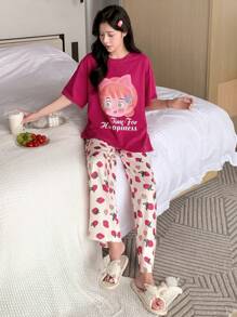 DAZY Figure & Slogan Graphic Drop Shoulder Tee & Strawberry Pattern Trousers Lounge Set - Hot Pink - View 8