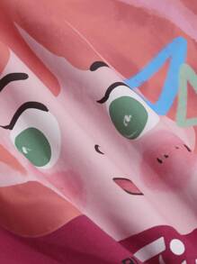 DAZY Figure & Slogan Graphic Drop Shoulder Tee & Strawberry Pattern Trousers Lounge Set - Hot Pink - View 9