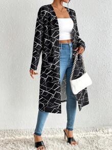 SHEIN Essnce Geo Print Open Front Dual Pocket Coat - Black and White - View 5
