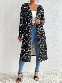 SHEIN Essnce Geo Print Open Front Dual Pocket Coat - Black and White - View 2