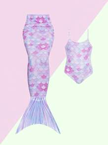 SHEIN 女小童魚鱗圖案連體泳衣帶美人魚尾巴半身裙 - 淡紫色 - 查看 1