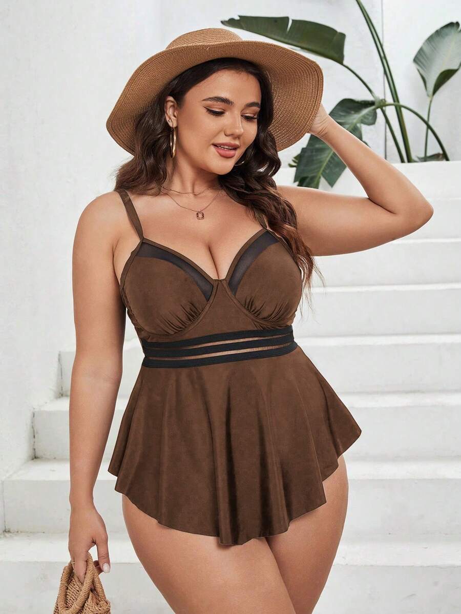 SHEIN Swim Curve Plus Contrast Mesh Ruffle Hem Dress Swimsuit - Brown - View 1