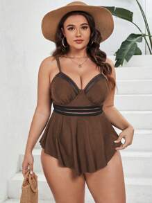 SHEIN Swim Curve Plus Contrast Mesh Ruffle Hem Dress Swimsuit - Brown - View 3