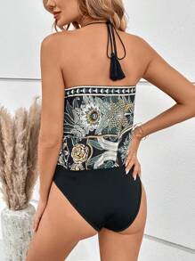 SHEIN VCAY 波西米亞露背 後系帶花卉印花女士連體衣